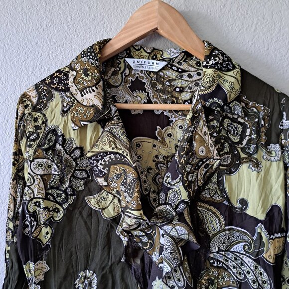 ❤️John Paul Richard 90s Groovy Boho Brown & Green Button-Down Blouse L - Picture 3 of 9
